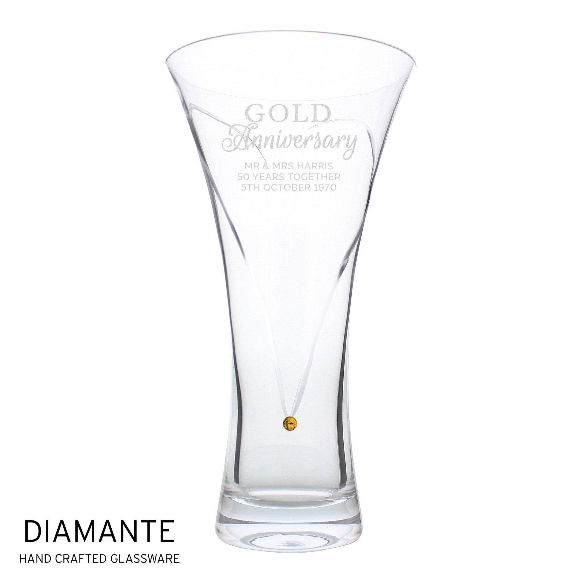 Personalised Gold Anniversary Large Hand Cut Diamante Heart Vase - MK&JD Gifts