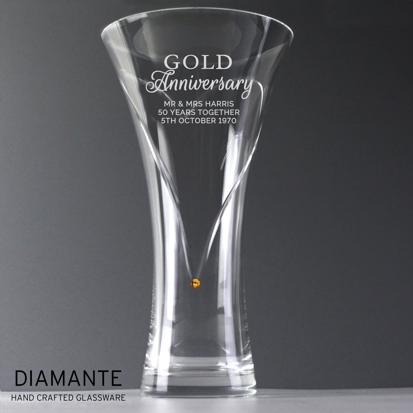 Personalised Gold Anniversary Large Hand Cut Diamante Heart Vase - MK&JD Gifts