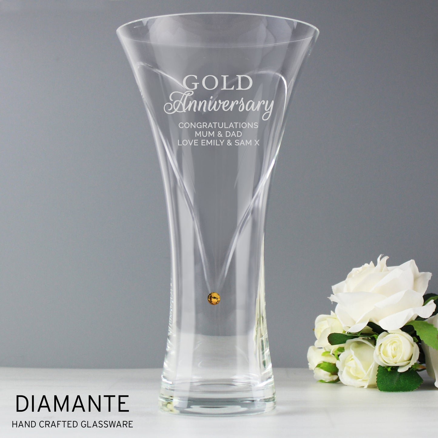 Personalised Gold Anniversary Large Hand Cut Diamante Heart Vase - MK&JD Gifts