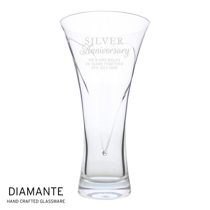 Personalised Silver Anniversary Large Hand Cut Diamante Heart Vase - MK&JD Gifts