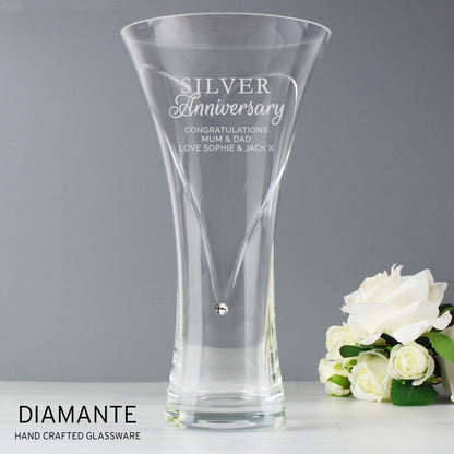 Personalised Silver Anniversary Large Hand Cut Diamante Heart Vase - MK&JD Gifts