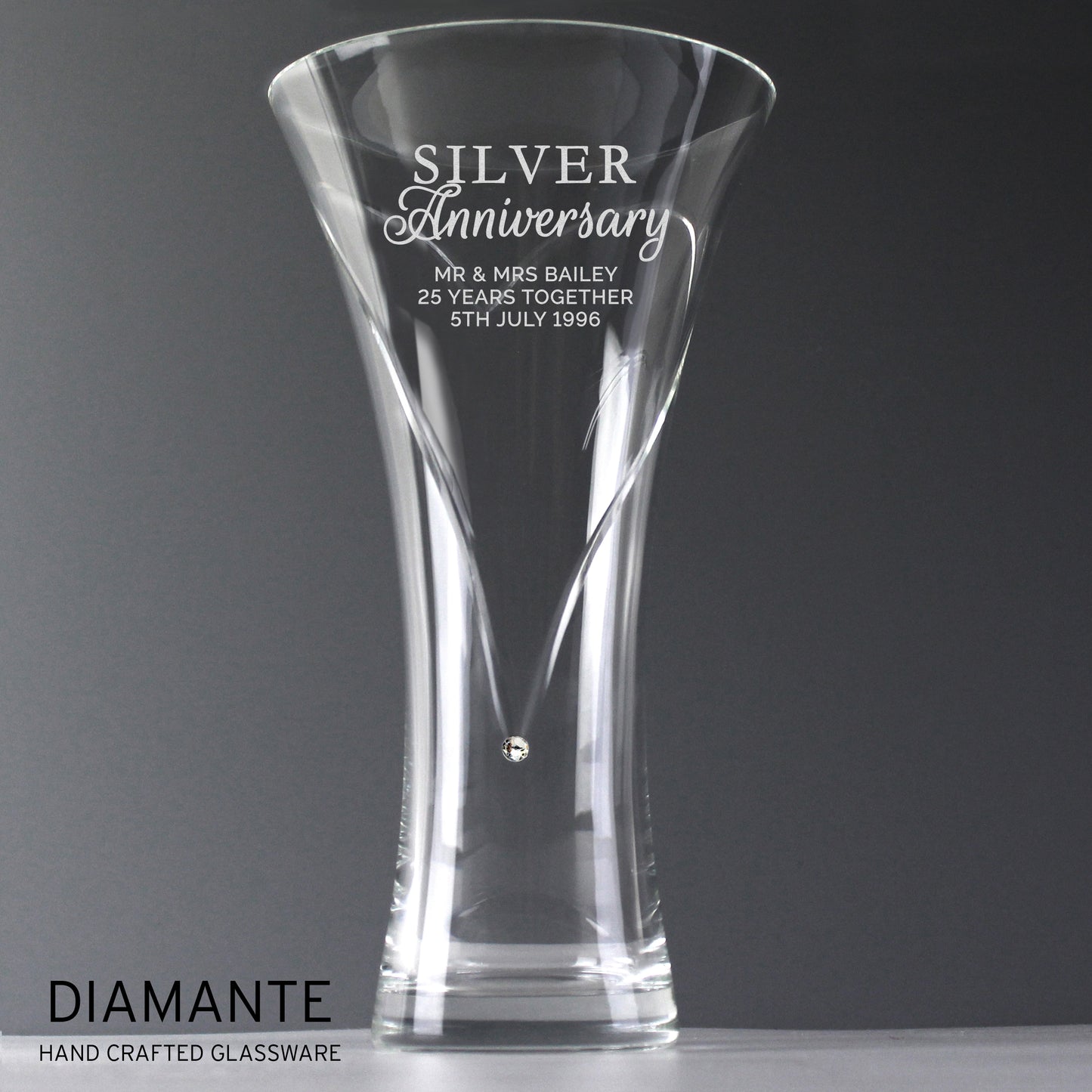 Personalised Silver Anniversary Large Hand Cut Diamante Heart Vase - MK&JD Gifts