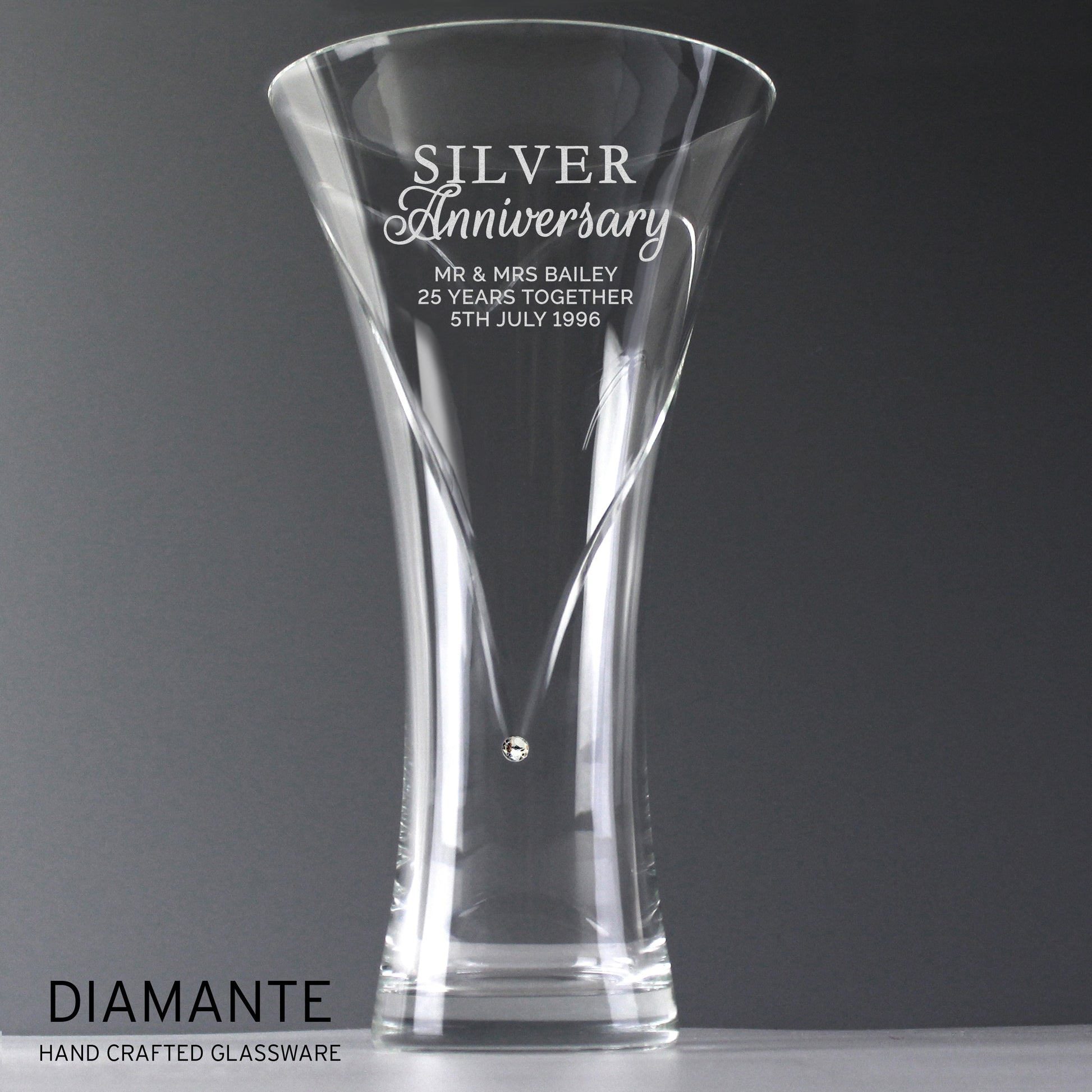 Personalised Silver Anniversary Large Hand Cut Diamante Heart Vase - MK&JD Gifts