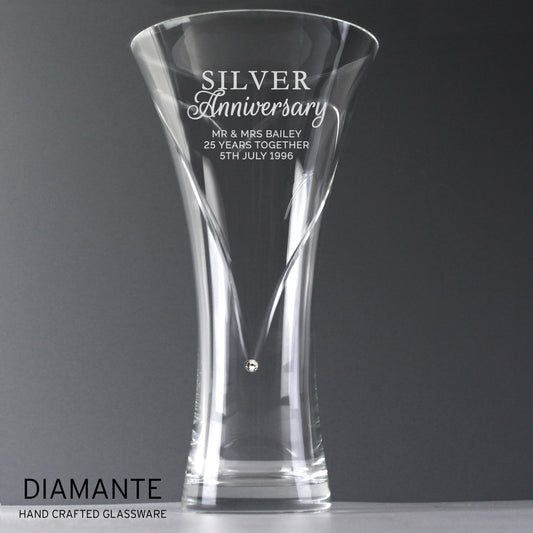 Personalised Silver Anniversary Large Hand Cut Diamante Heart Vase - MK&JD Gifts