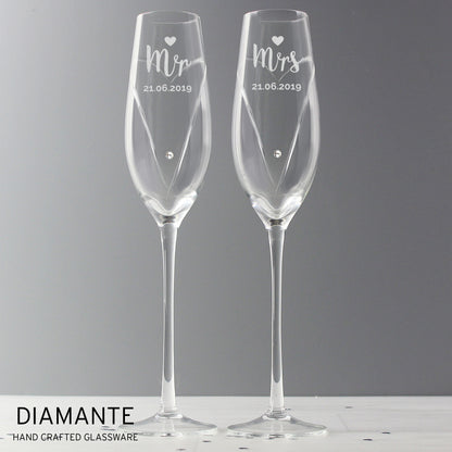 Personalised Hand Cut Mr & Mrs Pair of Flutes in Gift Box - MK&JD Gifts
