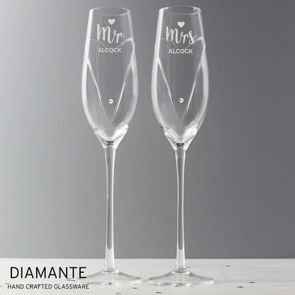 Personalised Hand Cut Mr & Mrs Pair of Flutes in Gift Box - MK&JD Gifts
