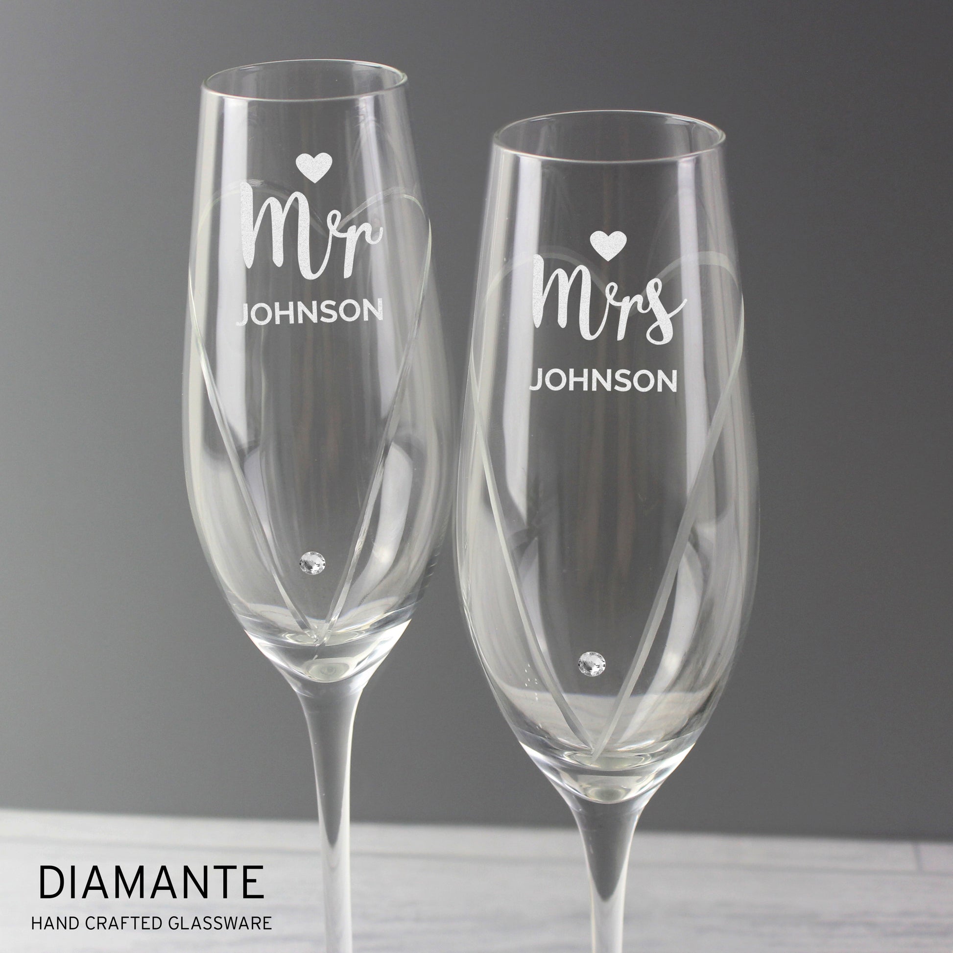 Personalised Hand Cut Mr & Mrs Pair of Flutes in Gift Box - MK&JD Gifts