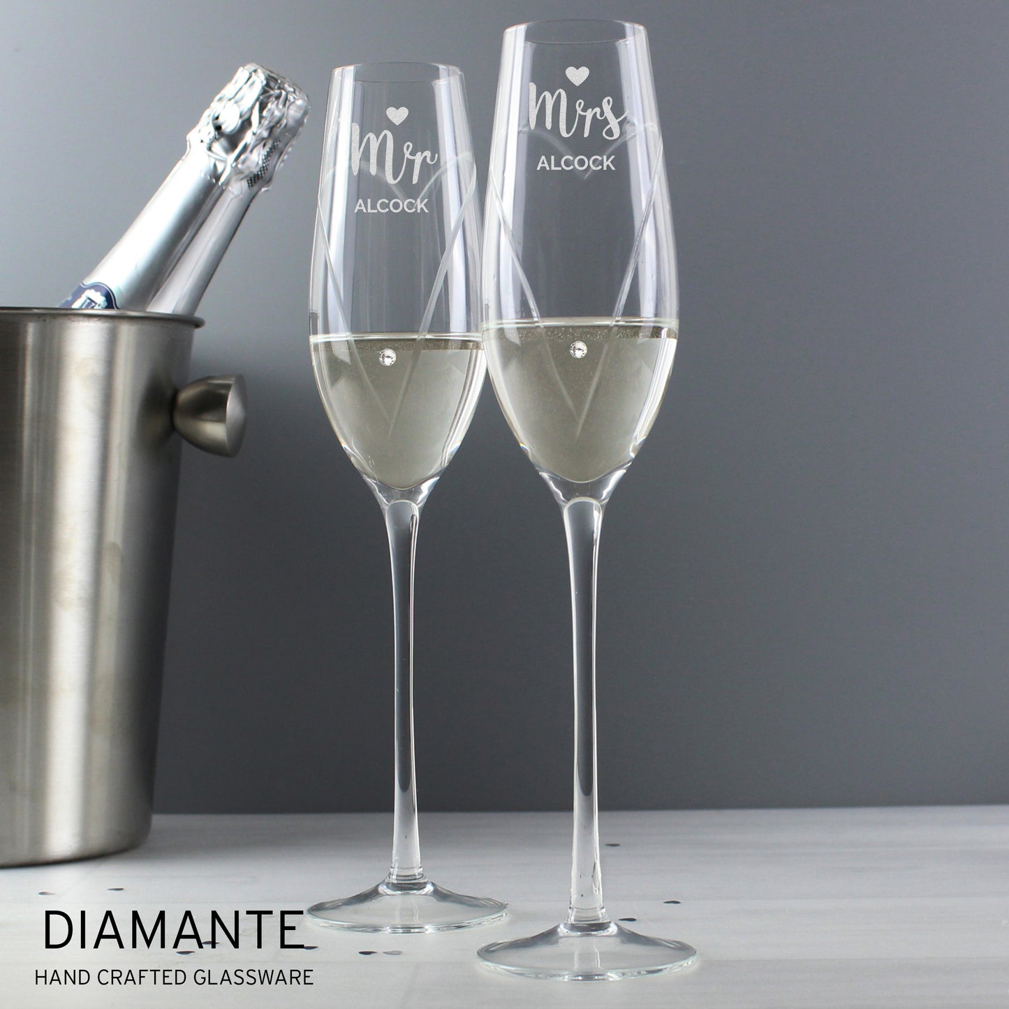 Personalised Hand Cut Mr & Mrs Pair of Flutes in Gift Box - MK&JD Gifts