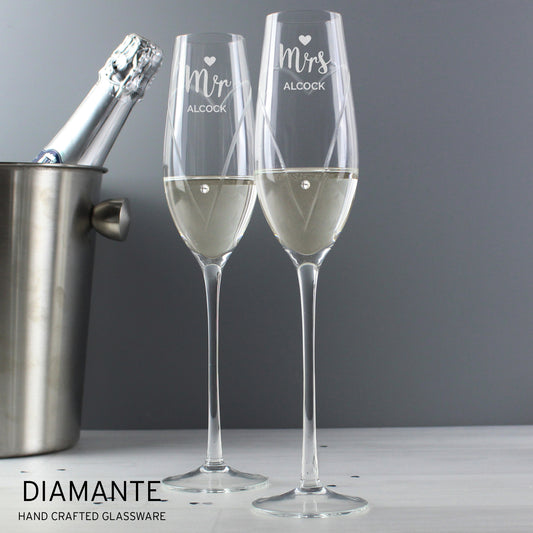 Personalised Hand Cut Mr & Mrs Pair of Flutes in Gift Box - MK&JD Gifts