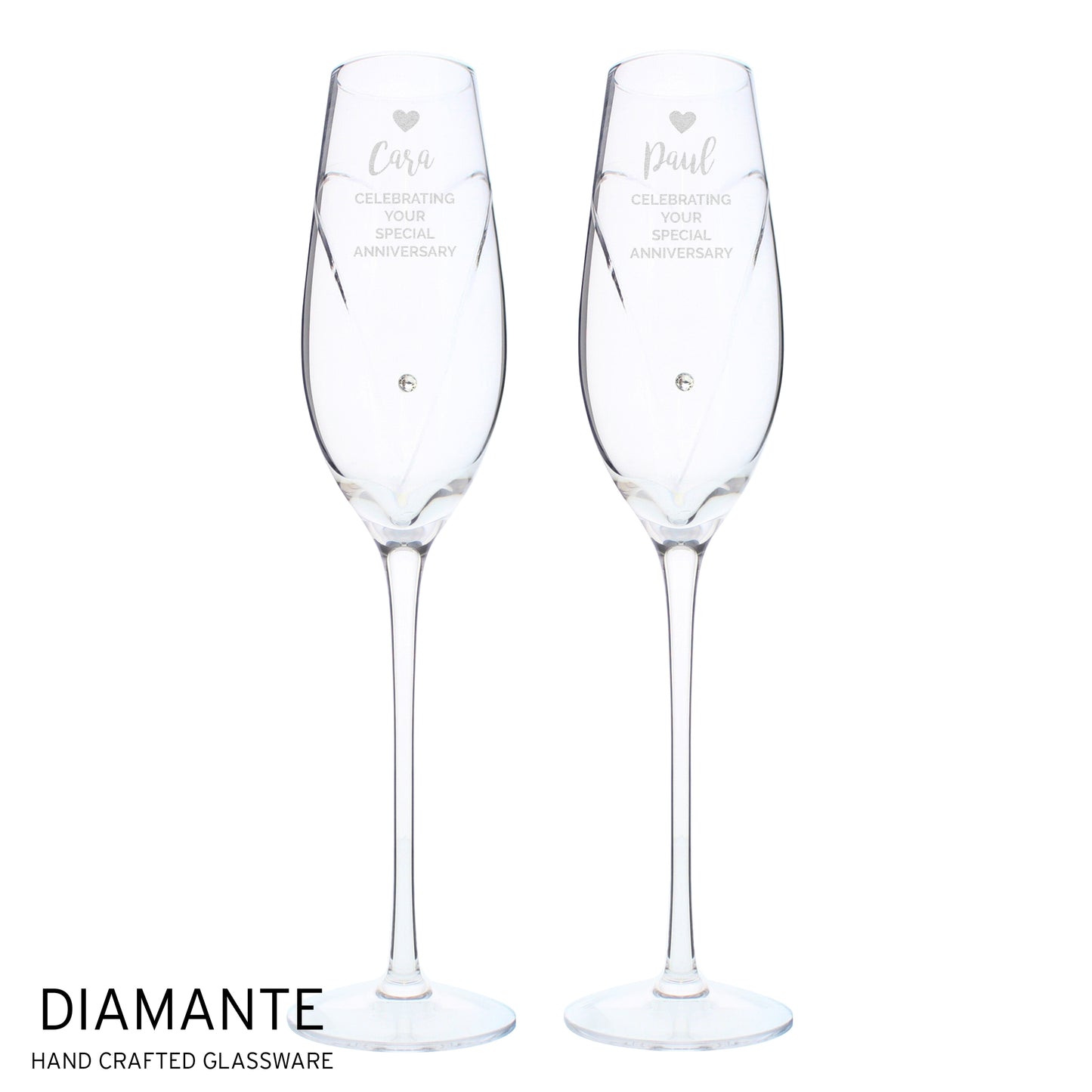 Personalised Hand Cut Heart Celebration Pair of Flutes with Gift Box - MK&JD Gifts
