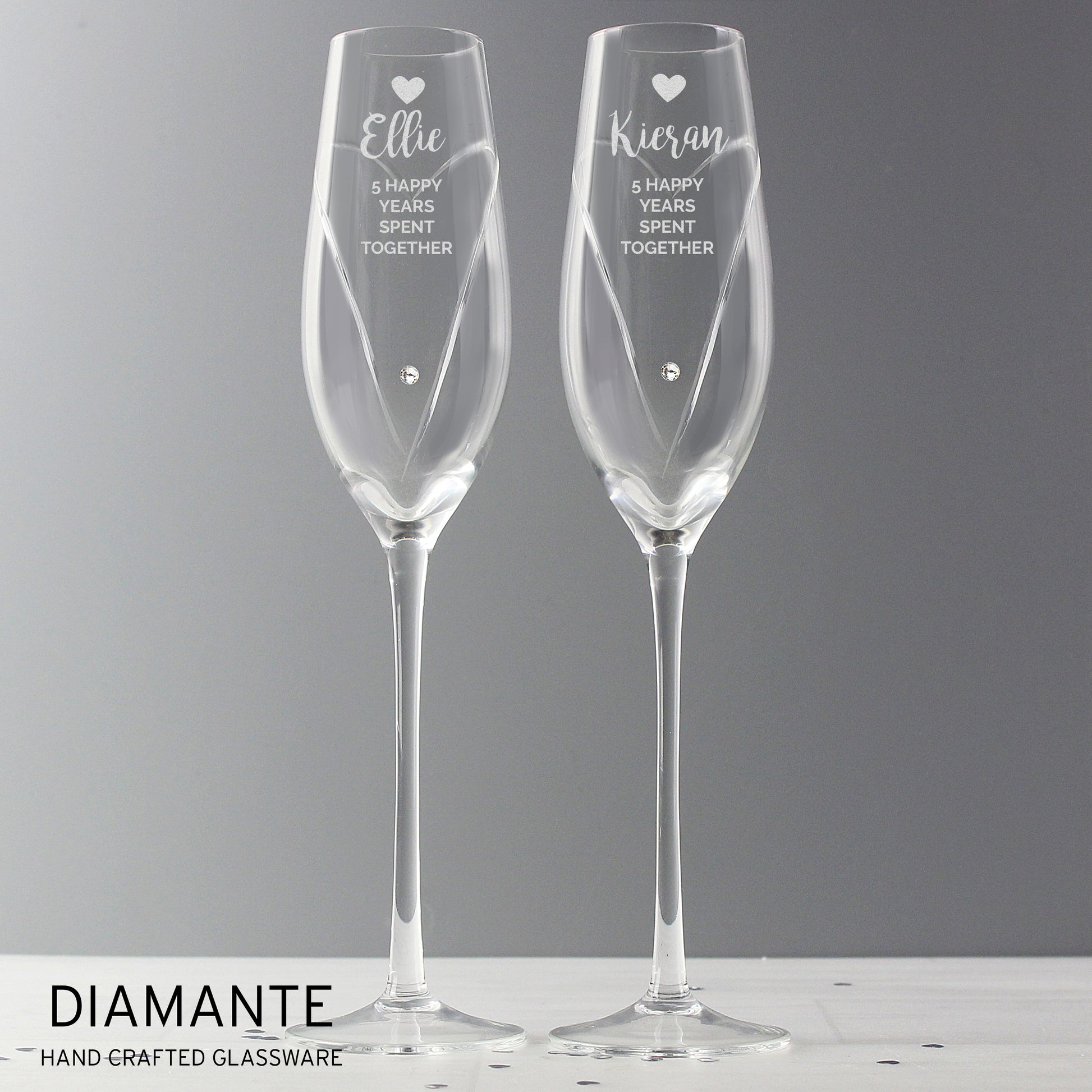 Personalised Hand Cut Heart Celebration Pair of Flutes with Gift Box - MK&JD Gifts