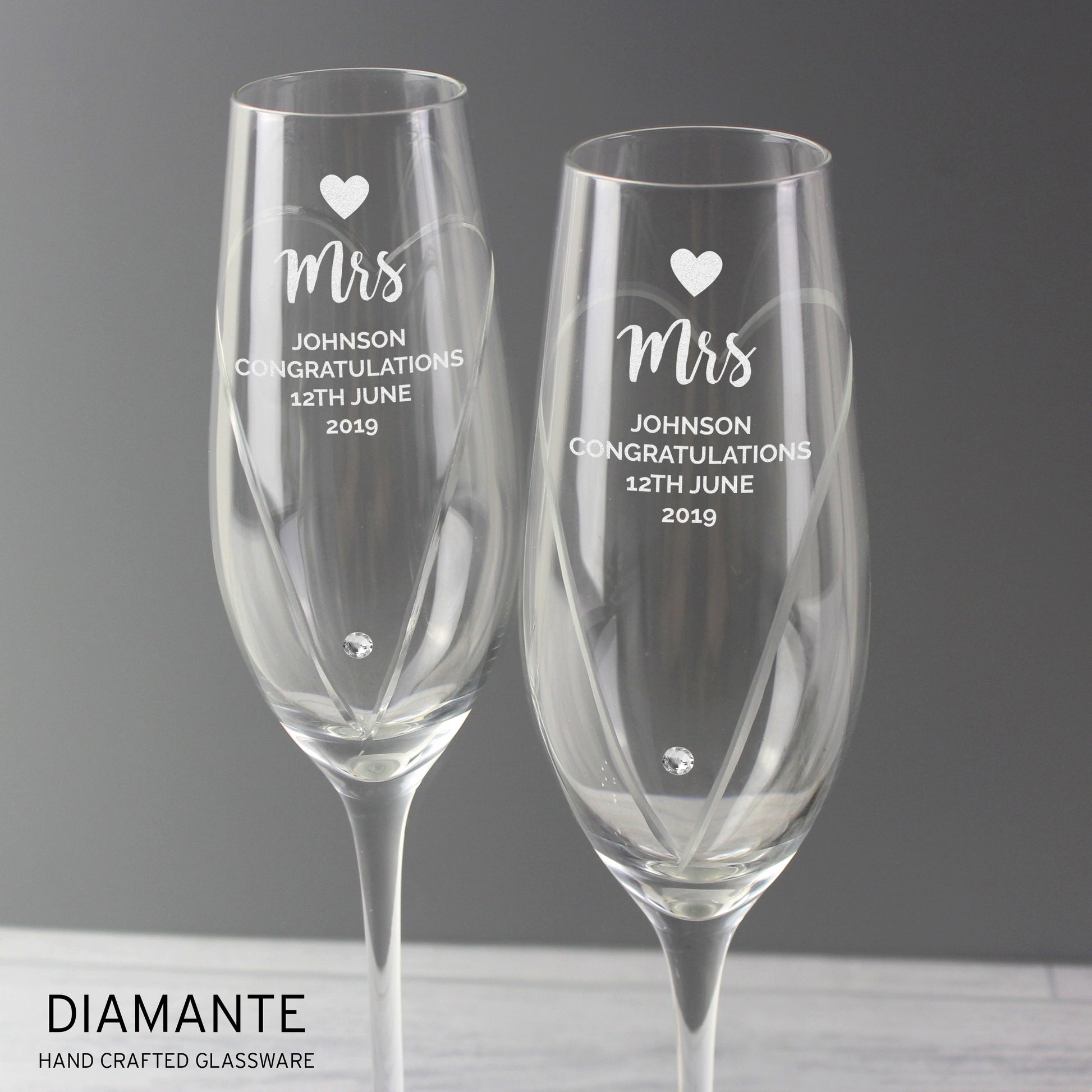 Personalised Hand Cut Heart Celebration Pair of Flutes with Gift Box - MK&JD Gifts