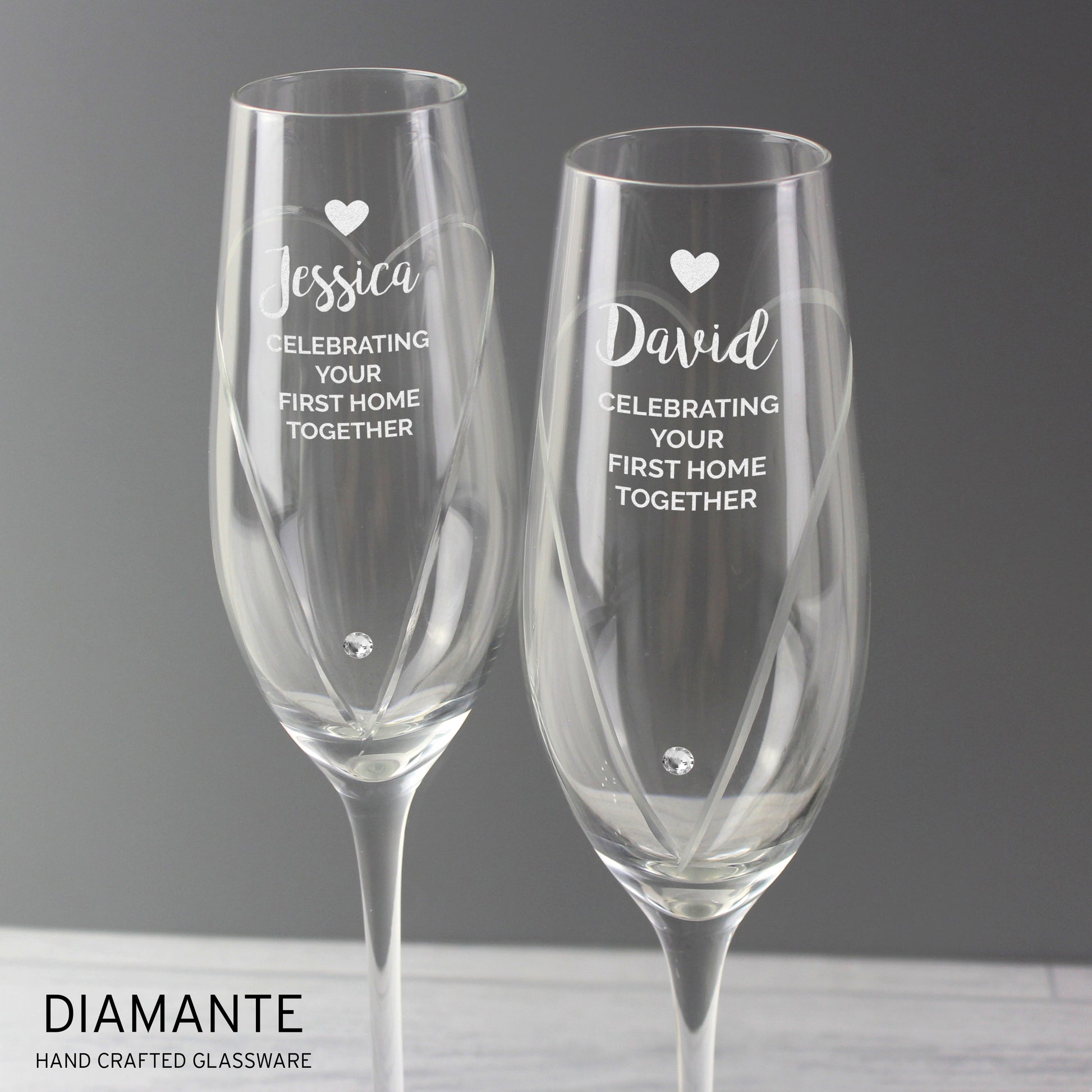 Personalised Hand Cut Heart Celebration Pair of Flutes with Gift Box - MK&JD Gifts