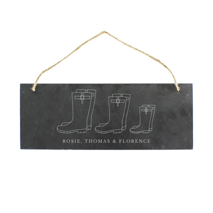 Personalised Welly Boot Family of Three Hanging Slate Plaque - MK&JD Gifts
