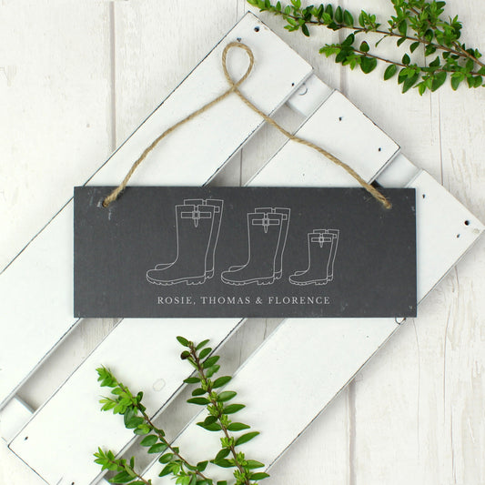 Personalised Welly Boot Family of Three Hanging Slate Plaque - MK&JD Gifts