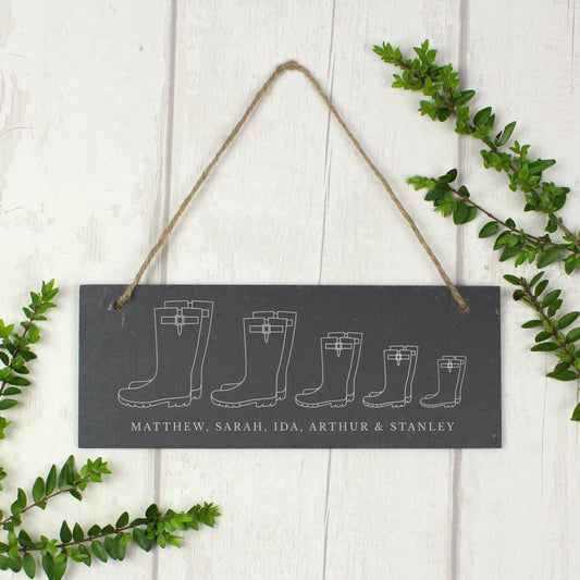 Personalised Welly Boot Family of Five Hanging Slate Plaque - MK&JD Gifts