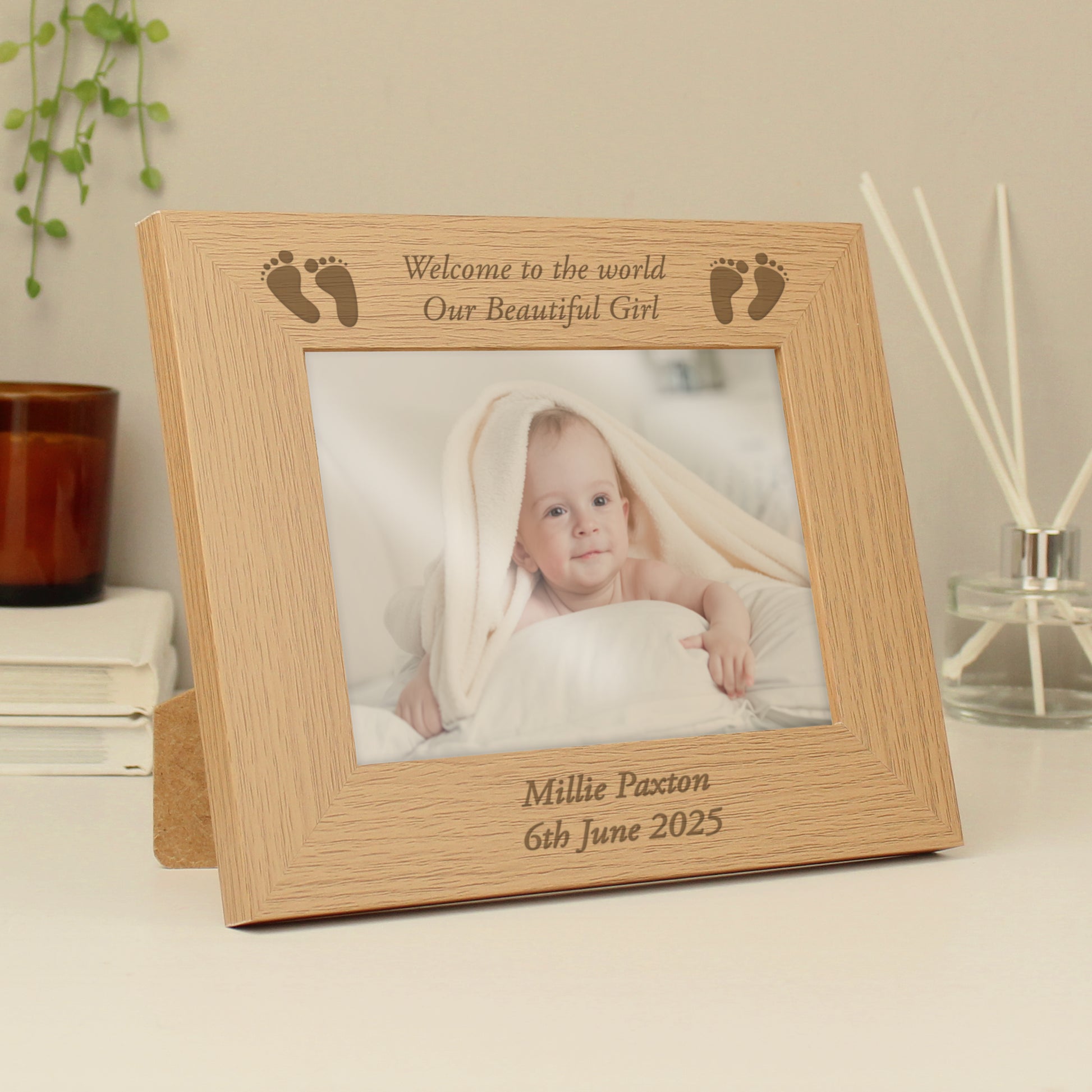 Personalised Baby Feet 5x7 Landscape Oak Finish Photo Frame - MK&JD Gifts