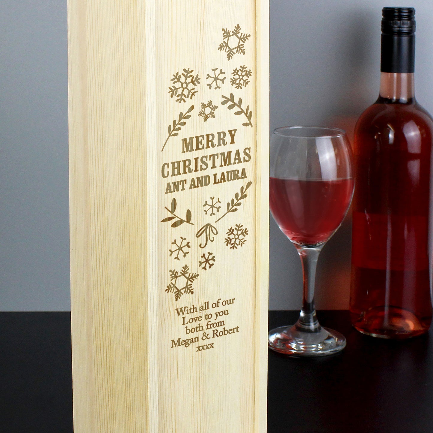 Personalised Christmas Frost Wooden Wine Bottle Box - MK&JD Gifts