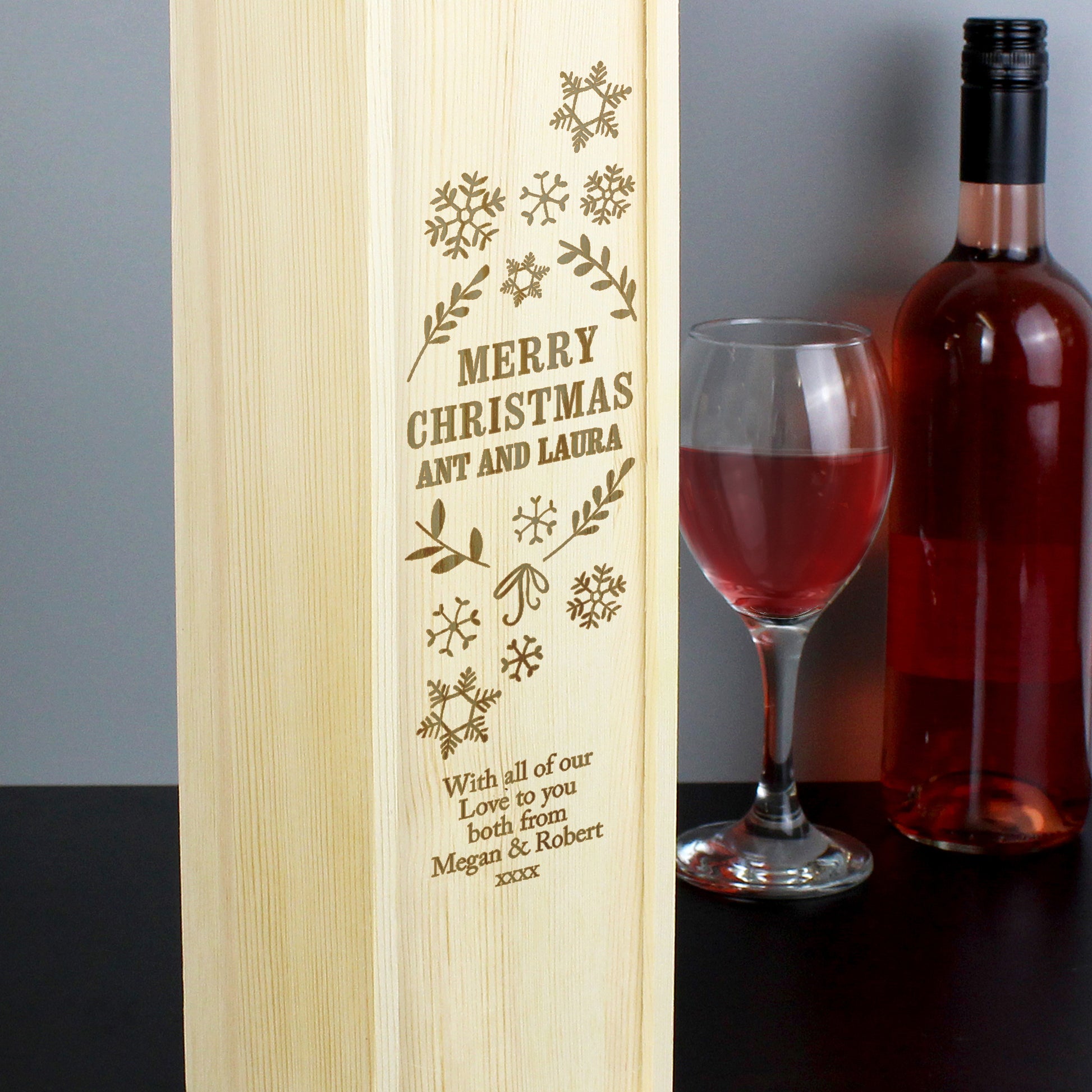 Personalised Christmas Frost Wooden Wine Bottle Box - MK&JD Gifts
