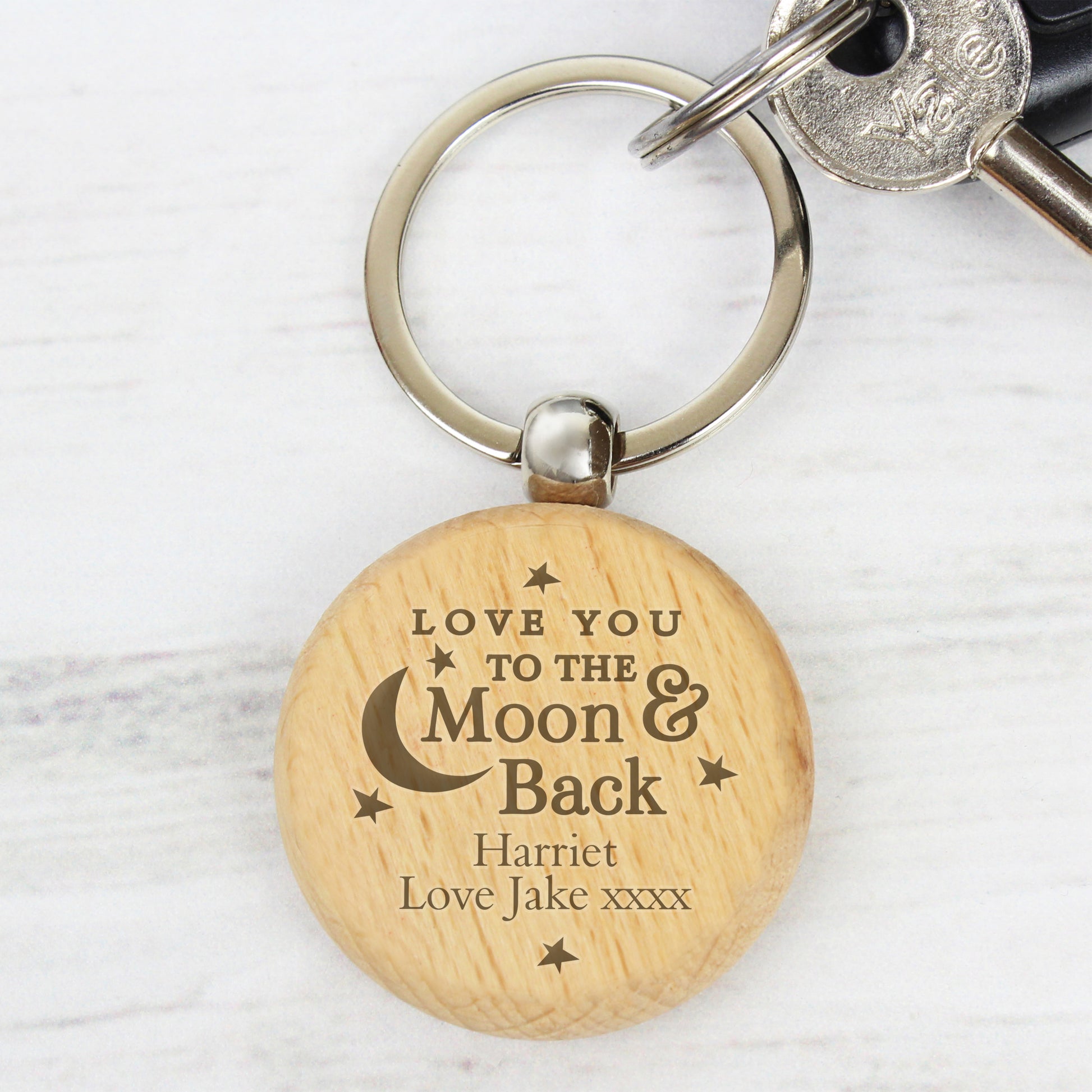 Personalised Moon & Back Wooden Keyring - MK&JD Gifts