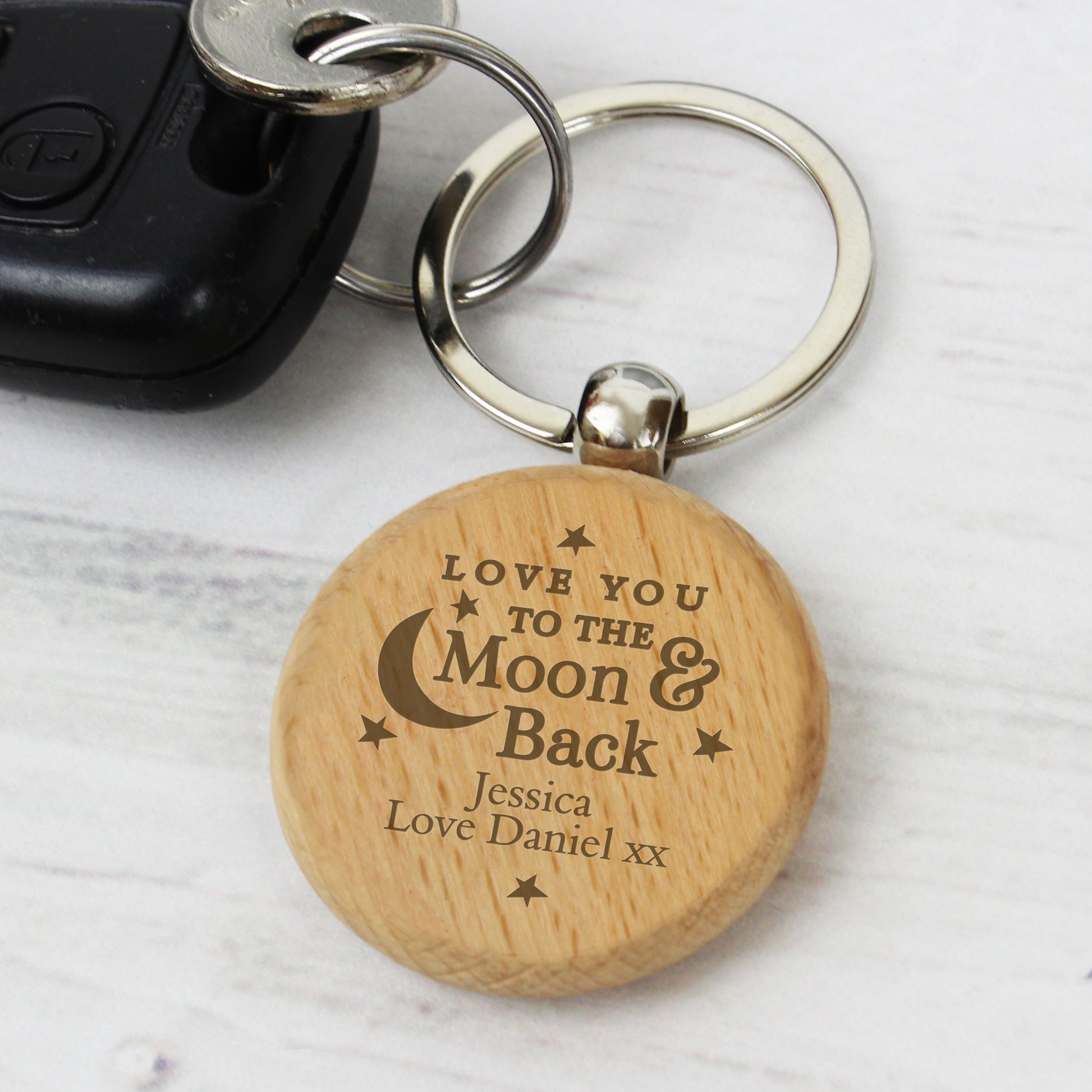Personalised Moon & Back Wooden Keyring - MK&JD Gifts