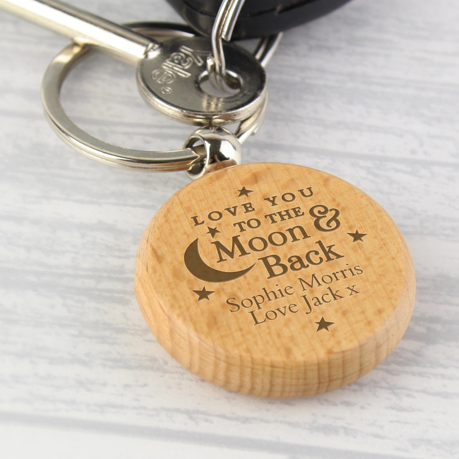 Personalised Moon & Back Wooden Keyring - MK&JD Gifts