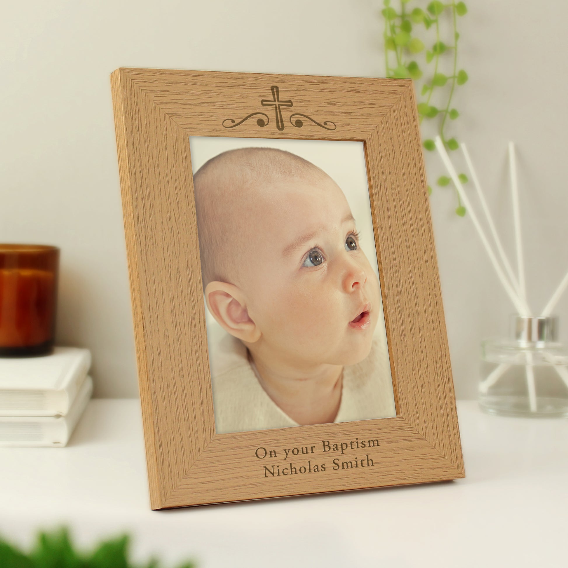 Personalised Religious Swirl 5x7 Oak Finish Photo Frame - MK&JD Gifts