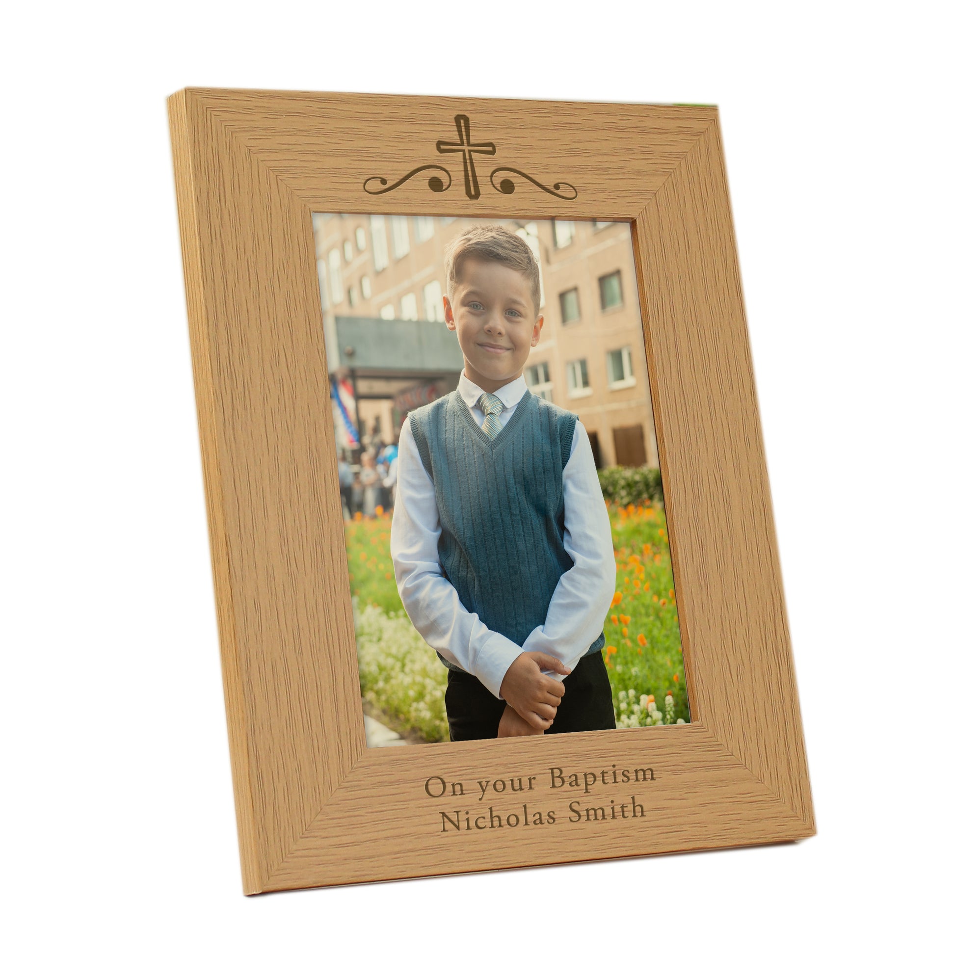 Personalised Religious Swirl 5x7 Oak Finish Photo Frame - MK&JD Gifts