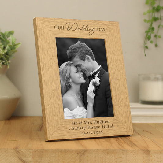 Personalised 'Our Wedding Day' 5x7 Oak Finish Photo Frame - MK&JD Gifts