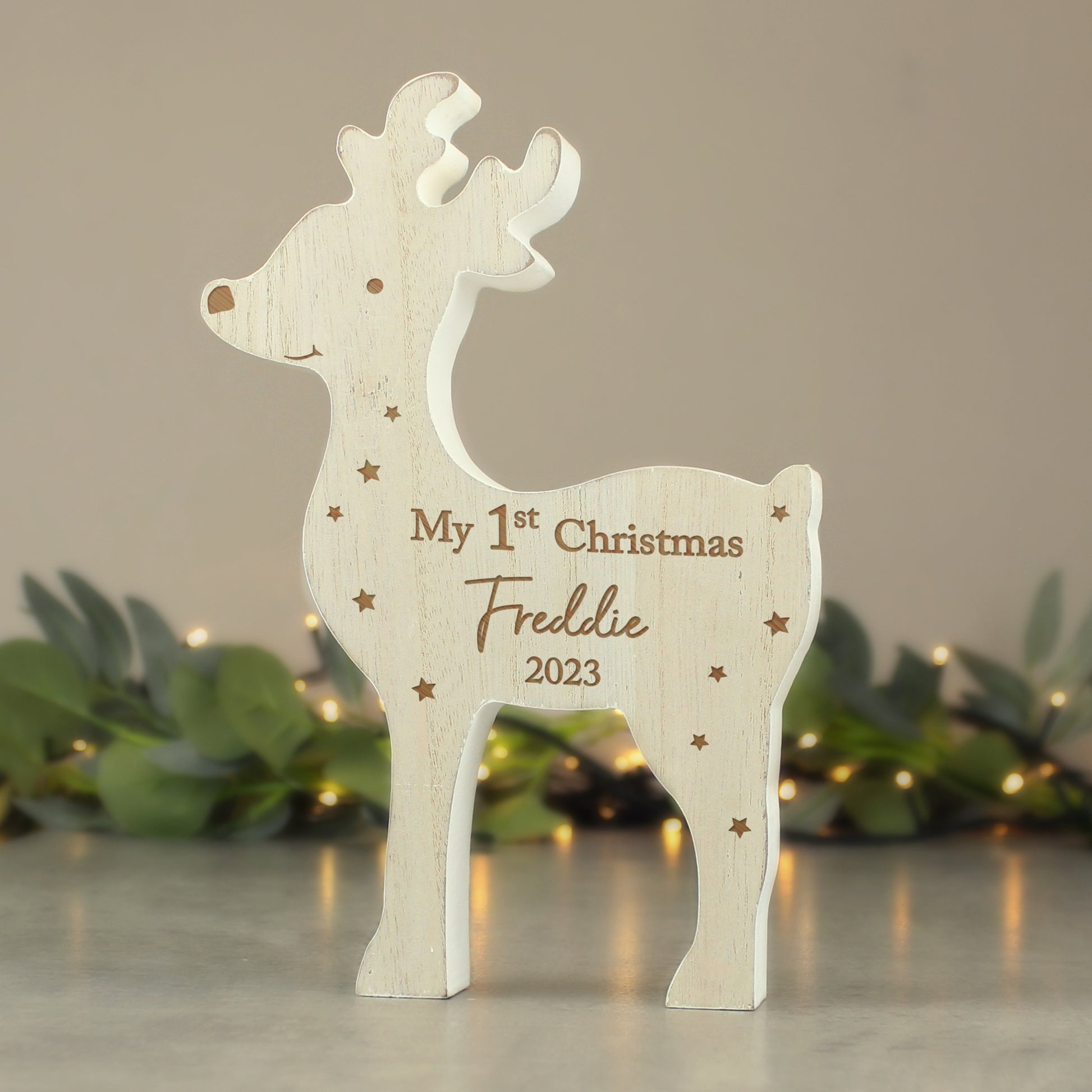 Personalised '1st Christmas' Rustic Wooden Reindeer Decoration - MK&JD Gifts
