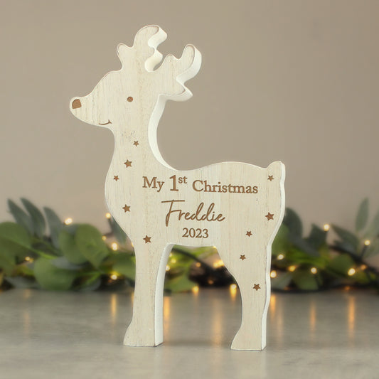 Personalised '1st Christmas' Rustic Wooden Reindeer Decoration - MK&JD Gifts