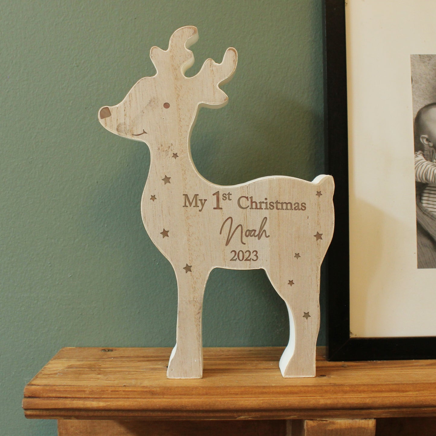 Personalised '1st Christmas' Rustic Wooden Reindeer Decoration - MK&JD Gifts