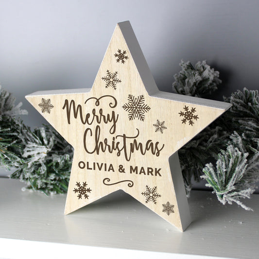 Personalised Merry Christmas Rustic Wooden Star Decoration - MK&JD Gifts