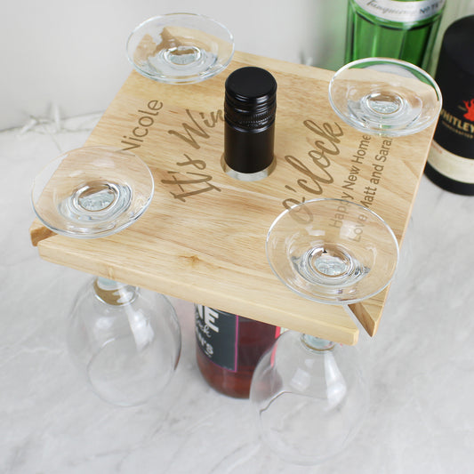 Personalised Wine O'clock Four Wine Glass Holder & Bottle Holder