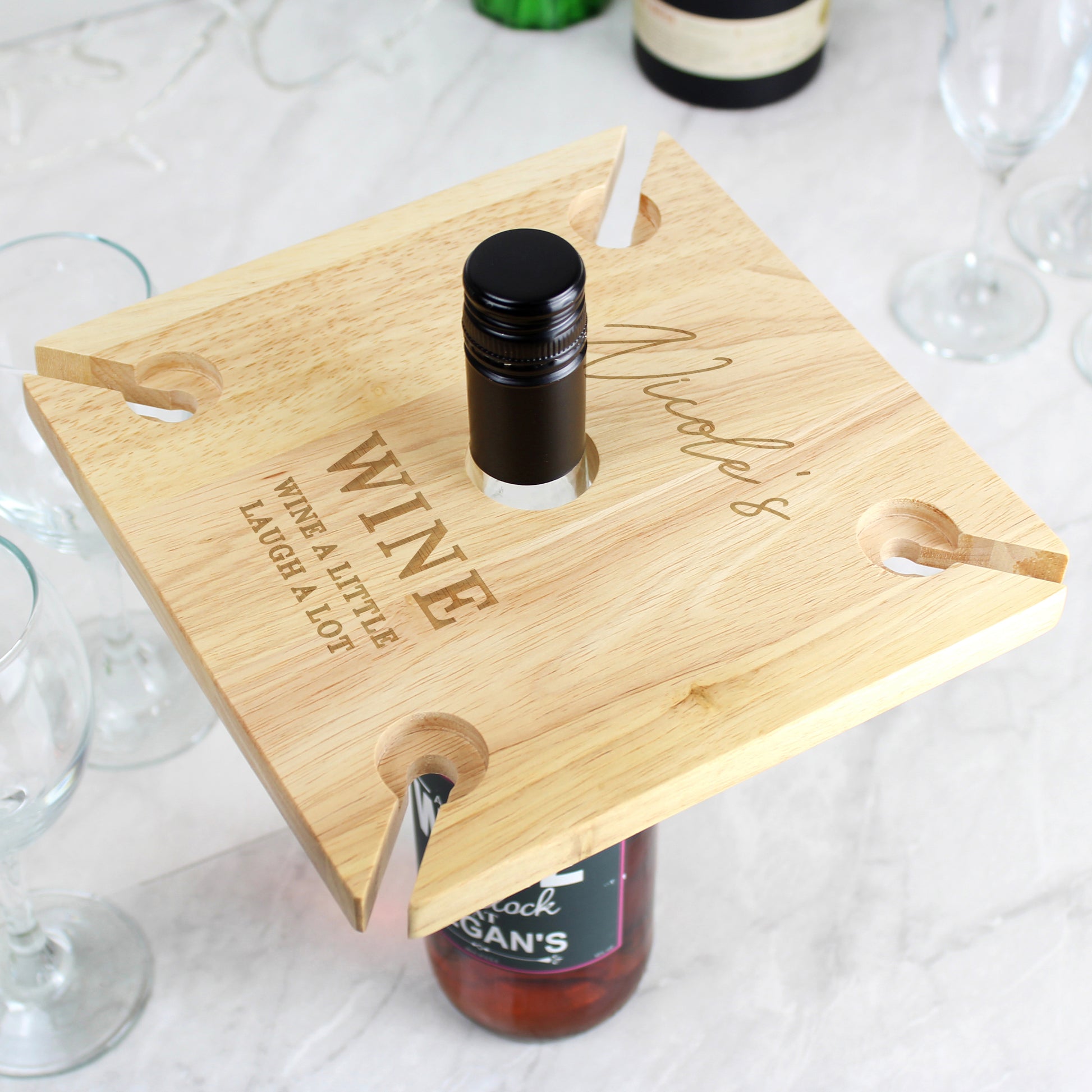 Personalised Free Text Four Wine Glass Holder & Bottle Holder - MK&JD Gifts