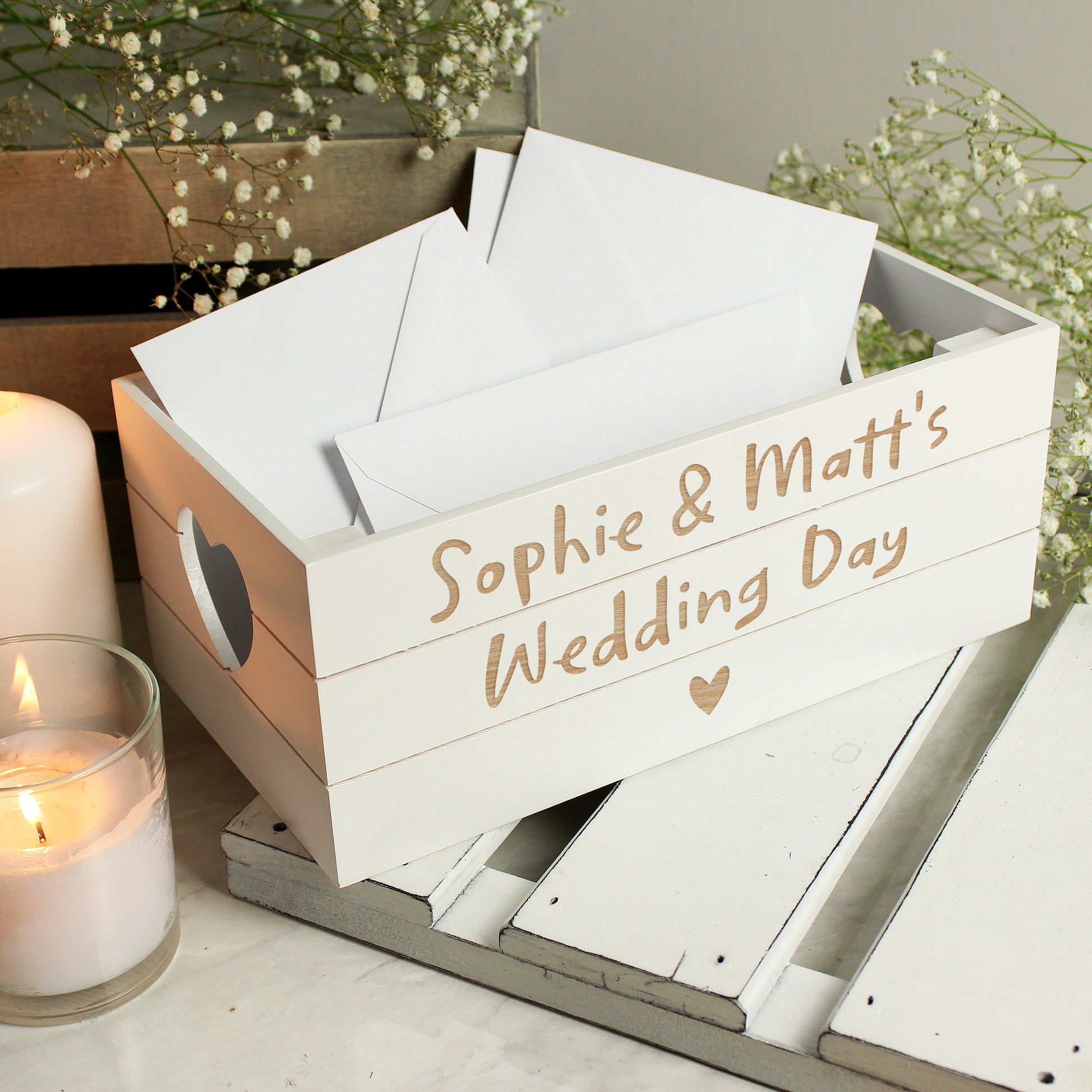 Personalised Free Text Heart White Wooden Crate - MK&JD Gifts