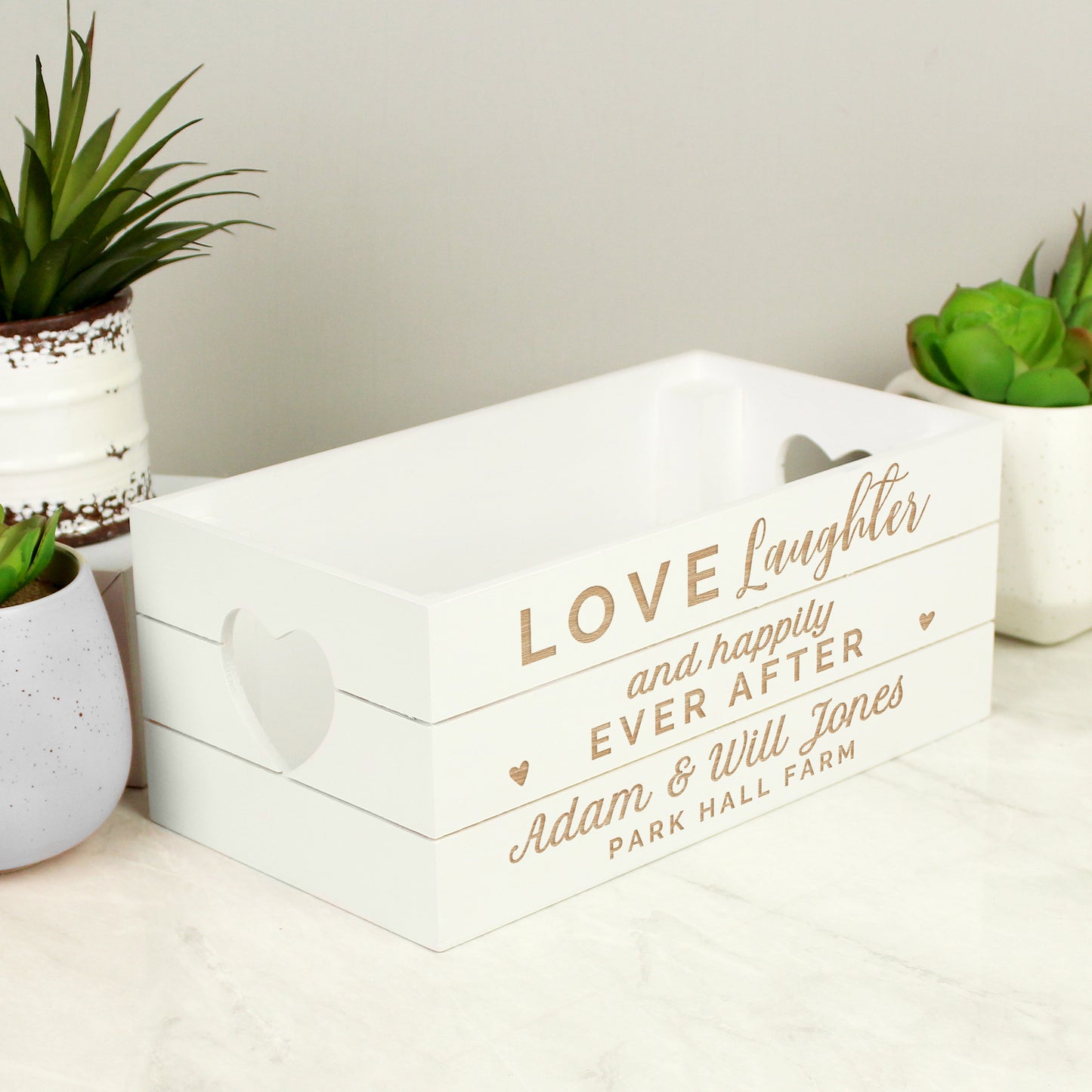 Personalised Love Laughter & ... White Wooden Crate - MK&JD Gifts