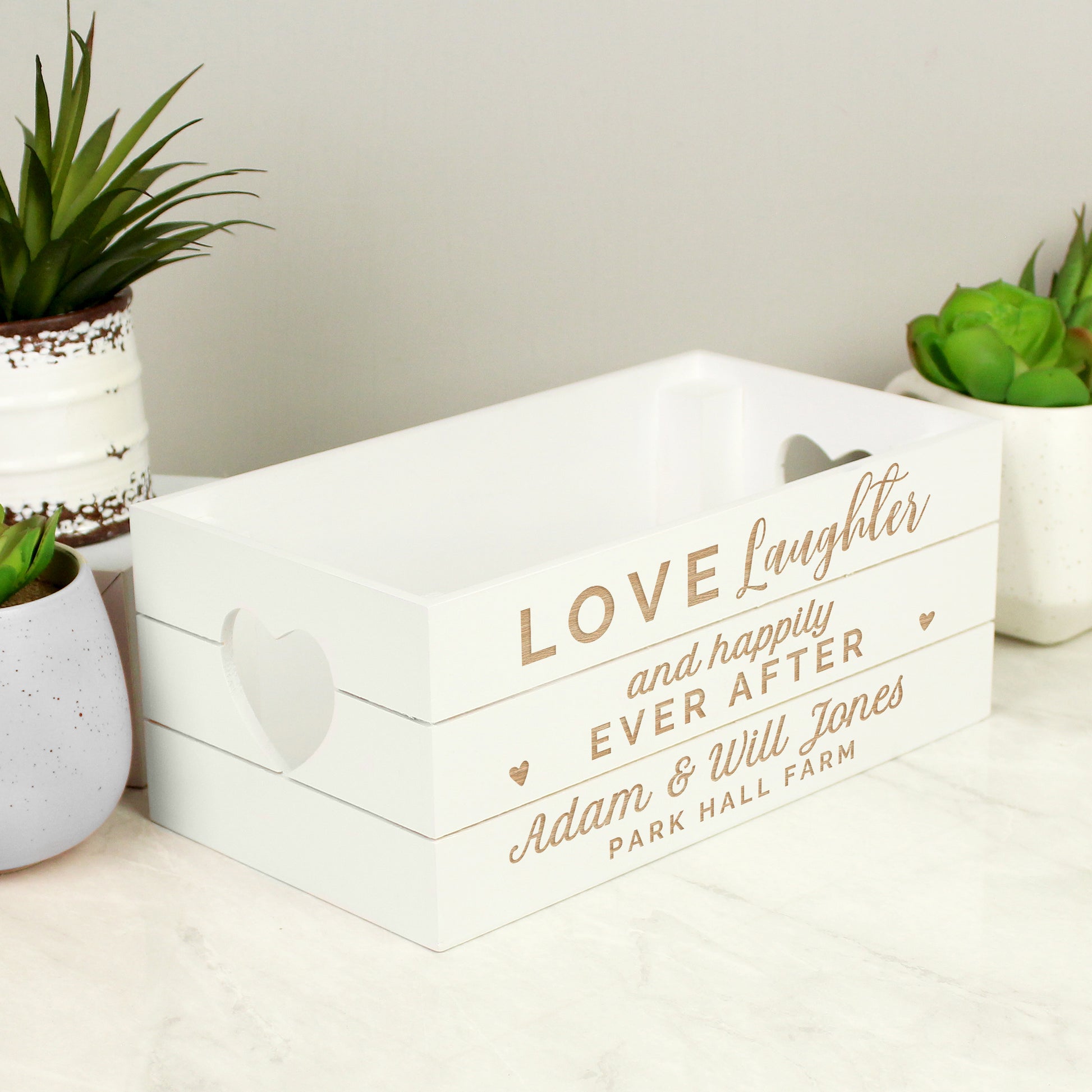 Personalised Love Laughter & ... White Wooden Crate - MK&JD Gifts