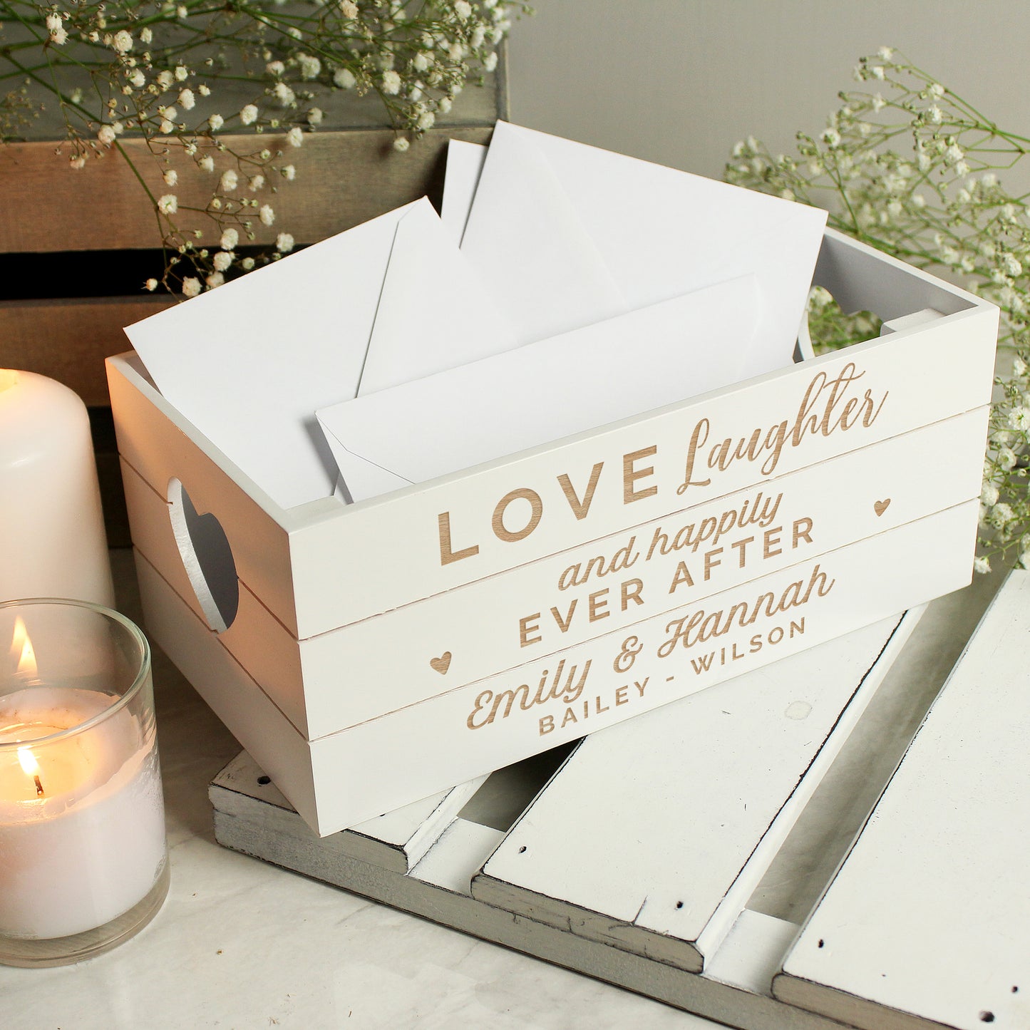 Personalised Love Laughter & ... White Wooden Crate - MK&JD Gifts