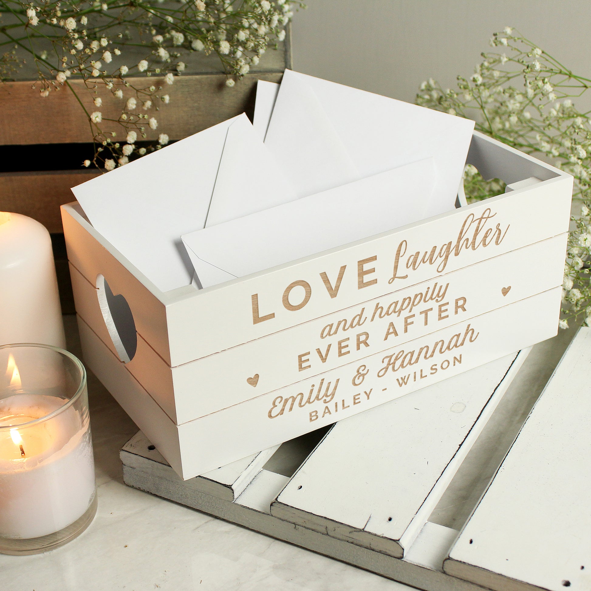 Personalised Love Laughter & ... White Wooden Crate - MK&JD Gifts