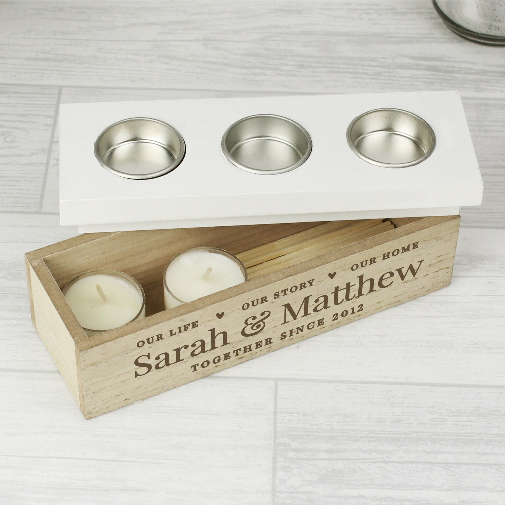 Personalised Our Life Story & Home Triple Tea Light Box - MK&JD Gifts