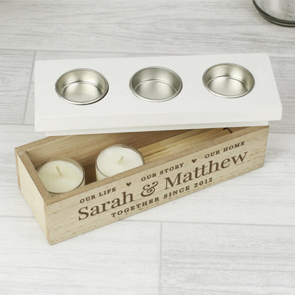 Personalised Our Life Story & Home Triple Tea Light Box - MK&JD Gifts