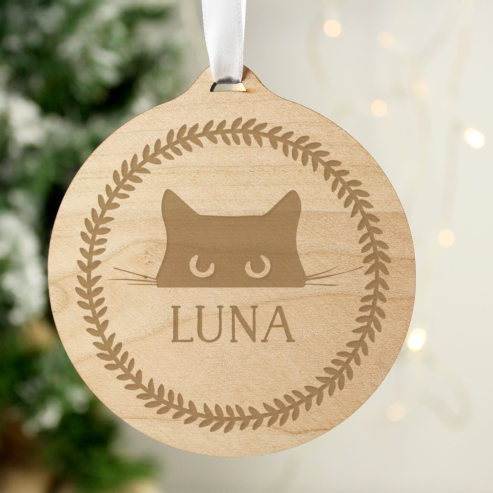 Personalised Cat Round Wooden Bauble - MK&JD Gifts