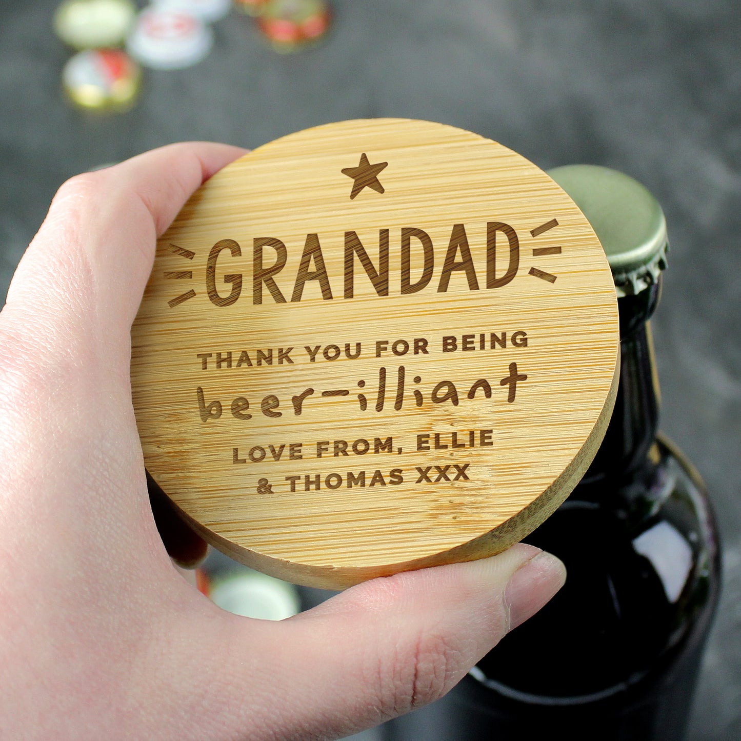 Personalised Star Bamboo Bottle Opener Coaster - MK&JD Gifts