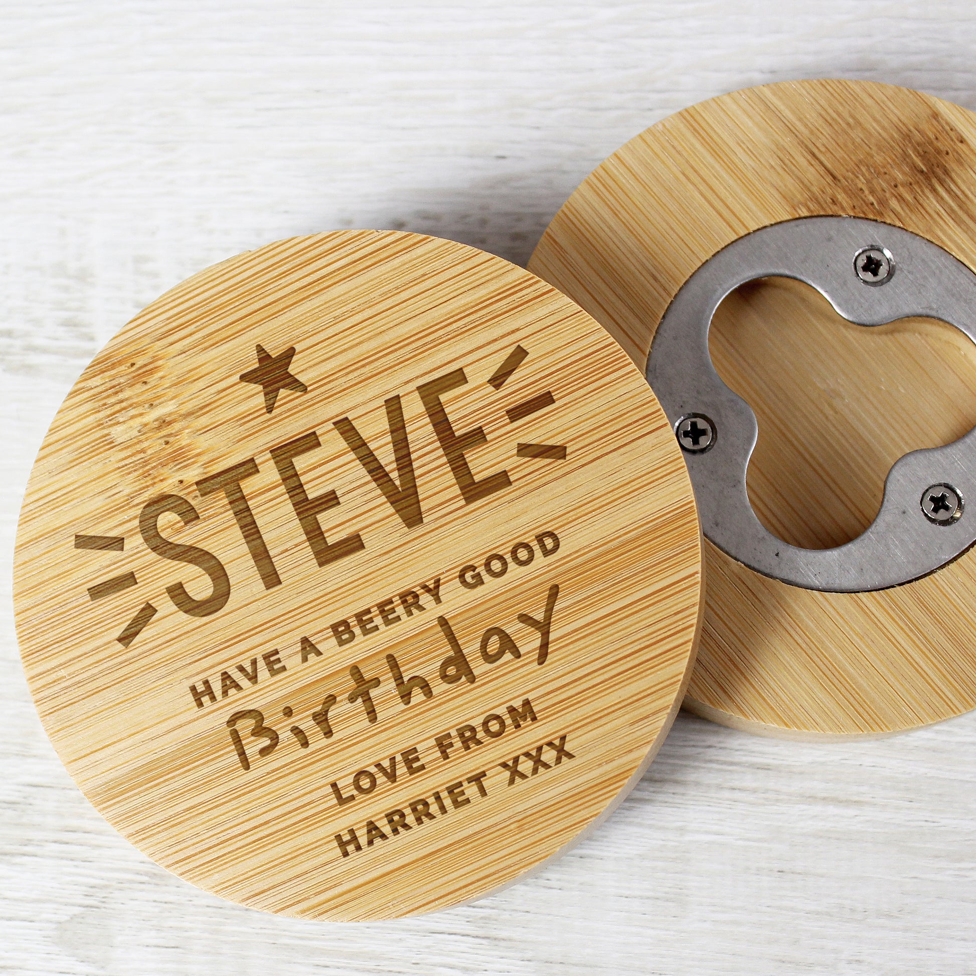 Personalised Star Bamboo Bottle Opener Coaster - MK&JD Gifts