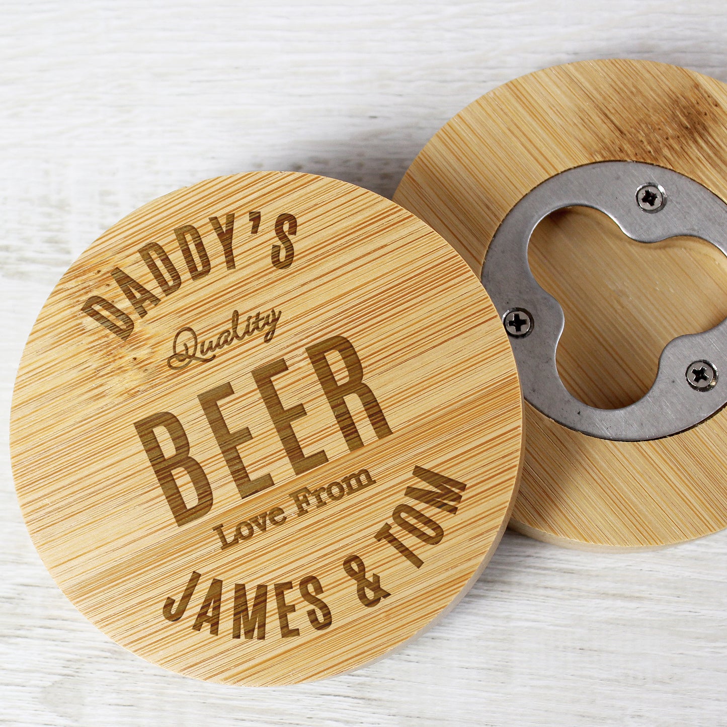 Personalised Free Text Bamboo Bottle Opener Coaster - MK&JD Gifts