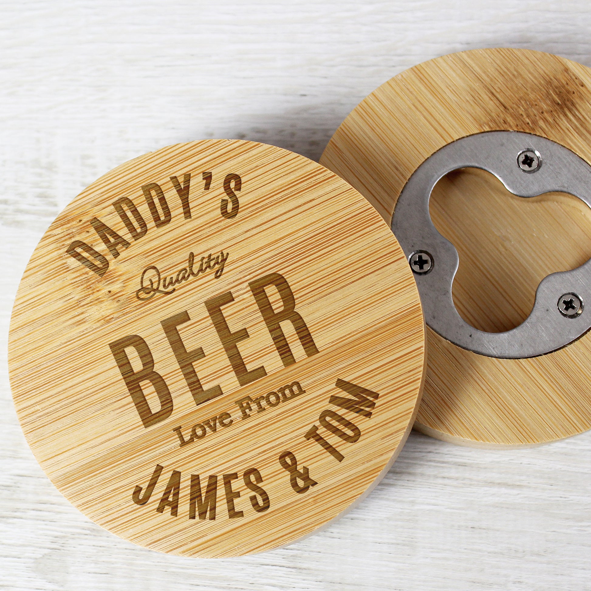 Personalised Free Text Bamboo Bottle Opener Coaster - MK&JD Gifts