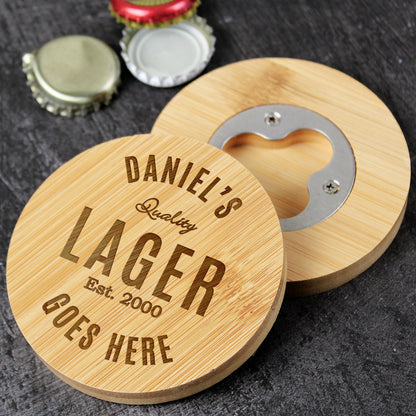 Personalised Free Text Bamboo Bottle Opener Coaster - MK&JD Gifts