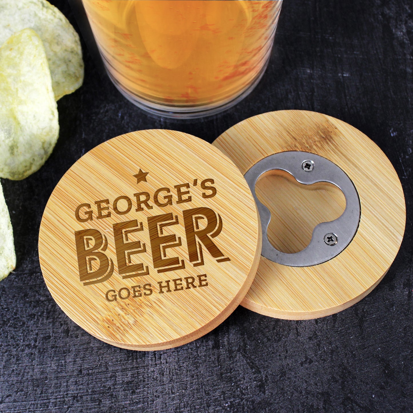 Personalised Beer Goes Here Bamboo Bottle Opener Coaster - MK&JD Gifts