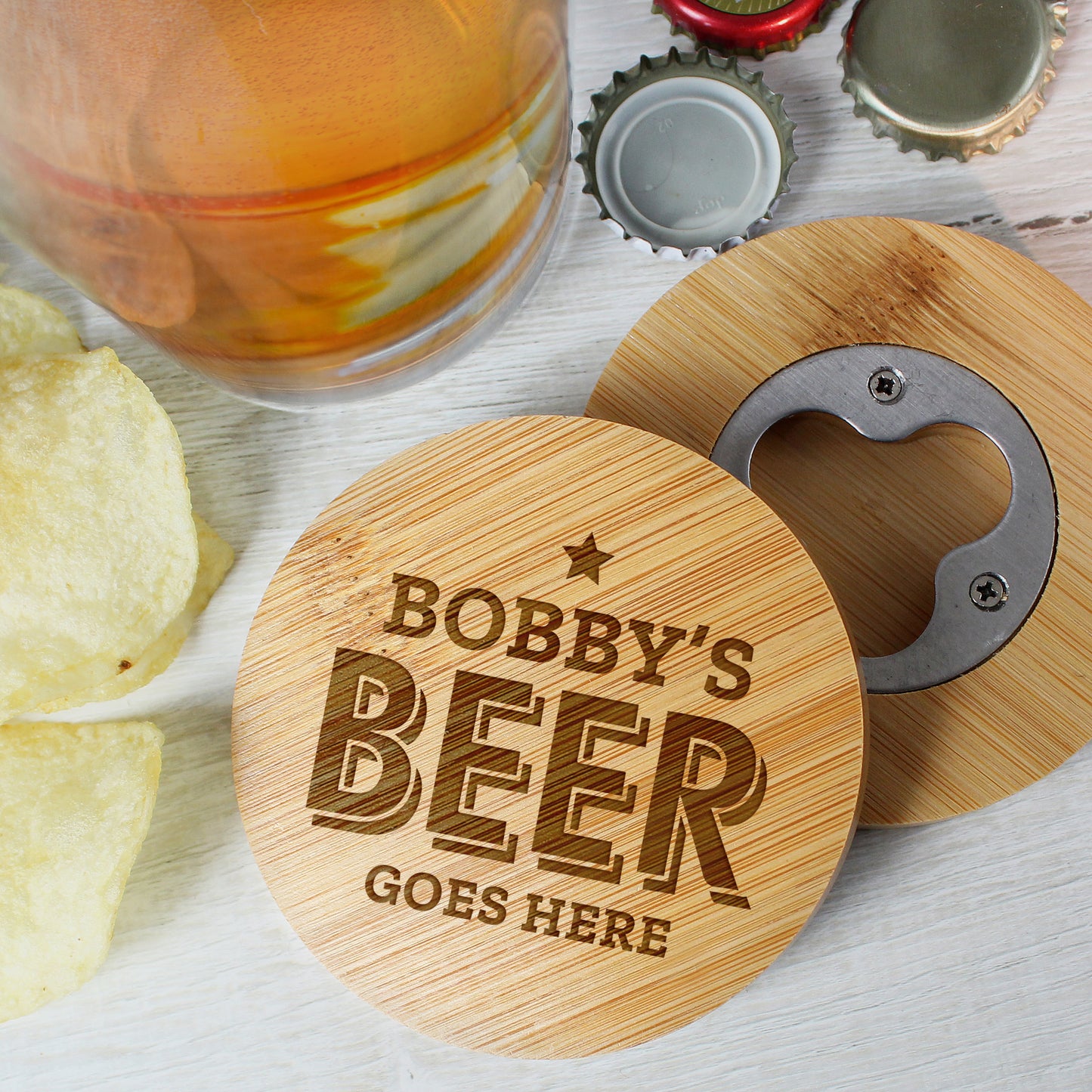 Personalised Beer Goes Here Bamboo Bottle Opener Coaster - MK&JD Gifts